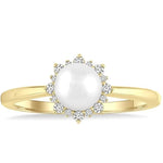 Load image into Gallery viewer, 6 MM Round Shape Cultured Pearl and 1/10 Ctw Petite Round Cut Diamond Sunburst Halo Fashion Ring in 10K Yellow Gold