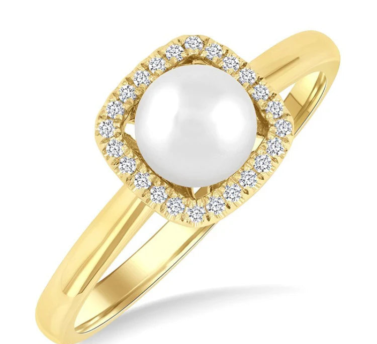 6 MM Cushion-Shaped Cultured Pearl and 1/10 Ctw Petite Round Cut Diamond Halo Ring in 10K Yellow Gold