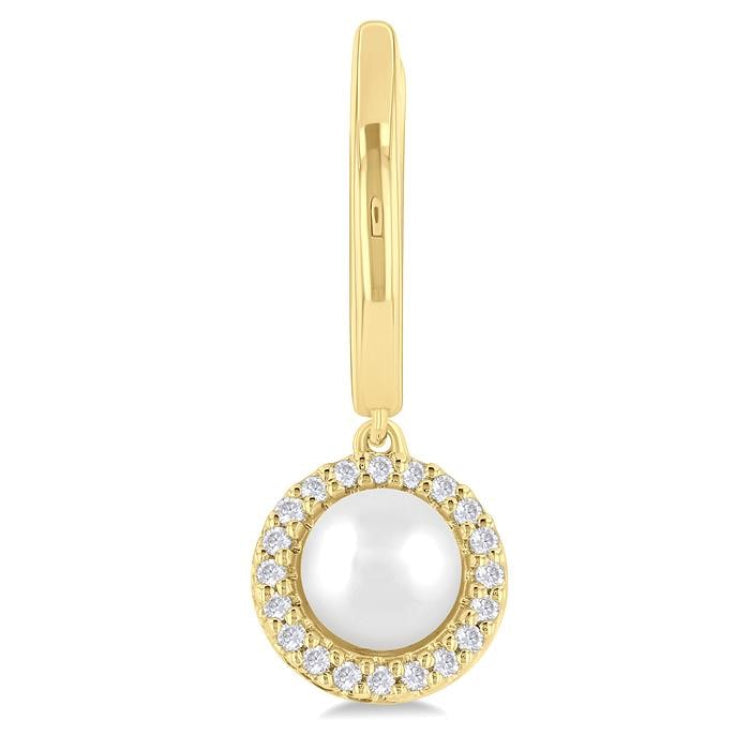 5.5 MM Round Shape Cultured Pearl and 1/8 Ctw Petite Round Cut Diamond Halo Fashion Huggies in 10K Yellow Gold