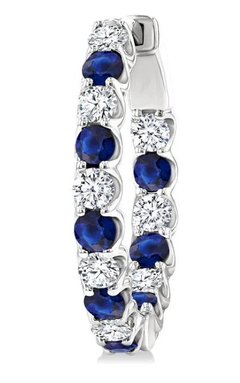 2.5 MM Sapphire and 1 Ctw Round Cut Inside-Out Diamond Precious Hoop Earrings in 14K White Gold