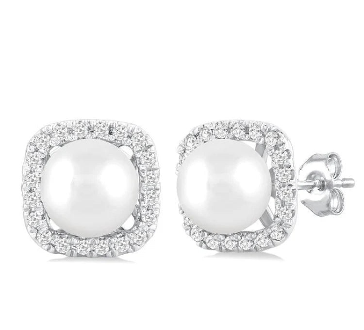 5 MM Cushion-Shaped Cultured Pearl and 1/8 Ctw Petite Round Cut Diamond Halo Stud Earring in 10K White Gold