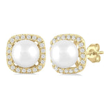 Load image into Gallery viewer, 5 MM Cushion-Shaped Cultured Pearl and 1/8 Ctw Petite Round Cut Diamond Halo Stud Earring in 10K Yellow Gold