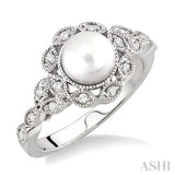 6.5 MM Cultured Pearl and 1/8 Ctw Round Cut Diamond Ring in 14K White Gold