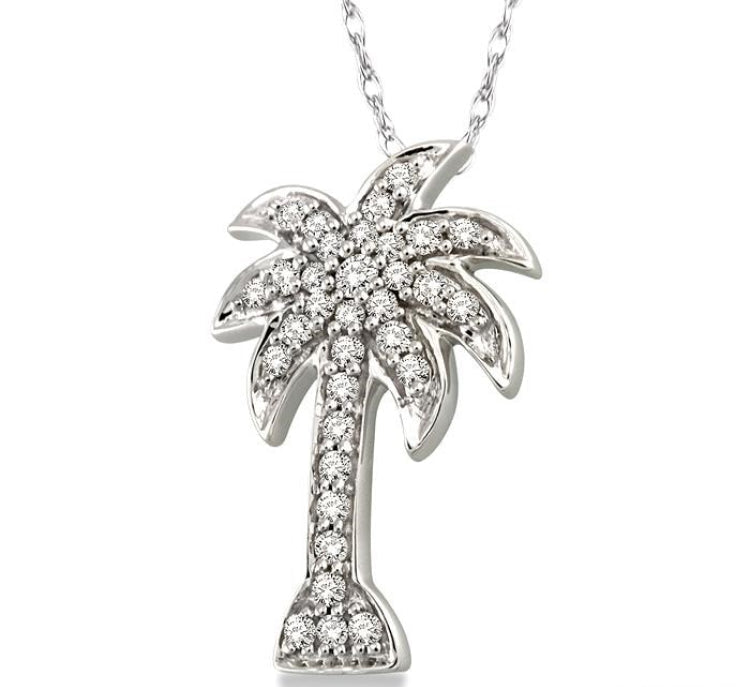 1/10 Ctw Palm Tree Round Cut Diamond Pendant in 10K White Gold with Chain