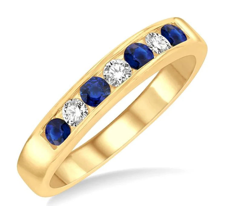 2.5 MM Round Cut Sapphire and 1/5 Ctw Channel Set Round Cut Diamond Band in 14K Yellow Gold