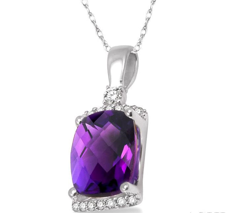 9x7 MM Cushion Shape Amethyst and 1/10 Ctw Round Cut Diamond Pendant in 14K White Gold with Chain