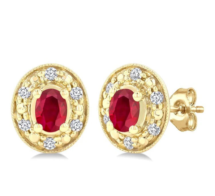 4x3 MM Oval Shaped Ruby and 1/10 Ctw Round Cut Diamond Earrings in 10K Yellow Gold