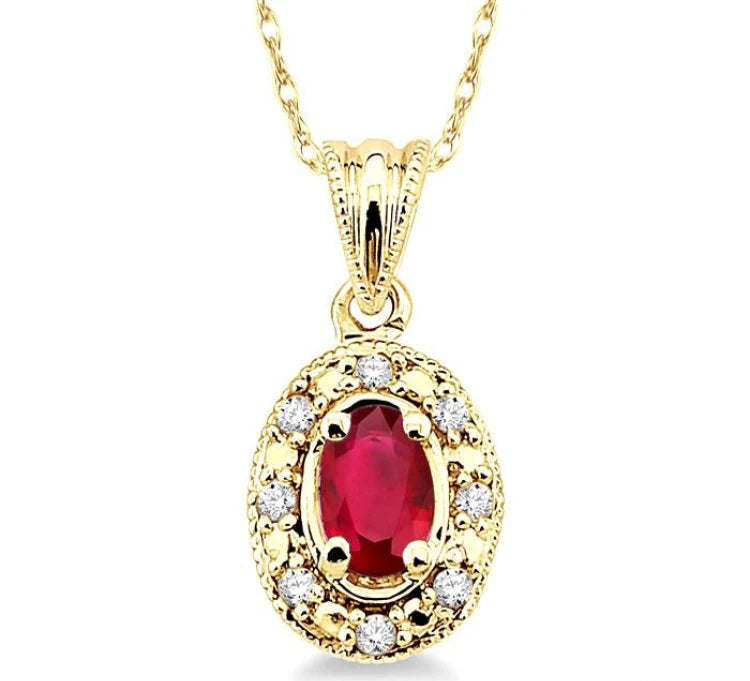 5x3 MM Oval Shape Ruby and 1/20 Ctw Round Cut Diamond Pendant in 10K Yellow Gold with Chain