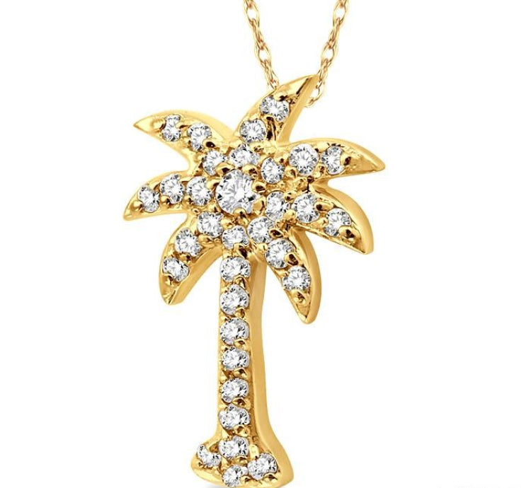 1/5 Ctw Palm Tree Round Cut Diamond Pendant in 14K Yellow Gold with Chain