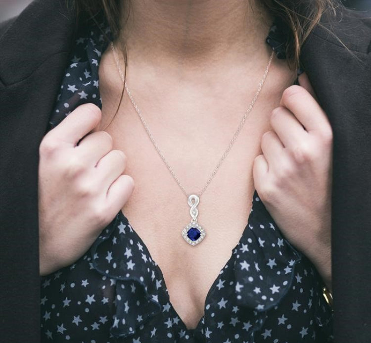 4x4 MM Cushion Shape Sapphire and 1/10 Ctw Round Cut Diamond Pendant in 10K White Gold with Chain