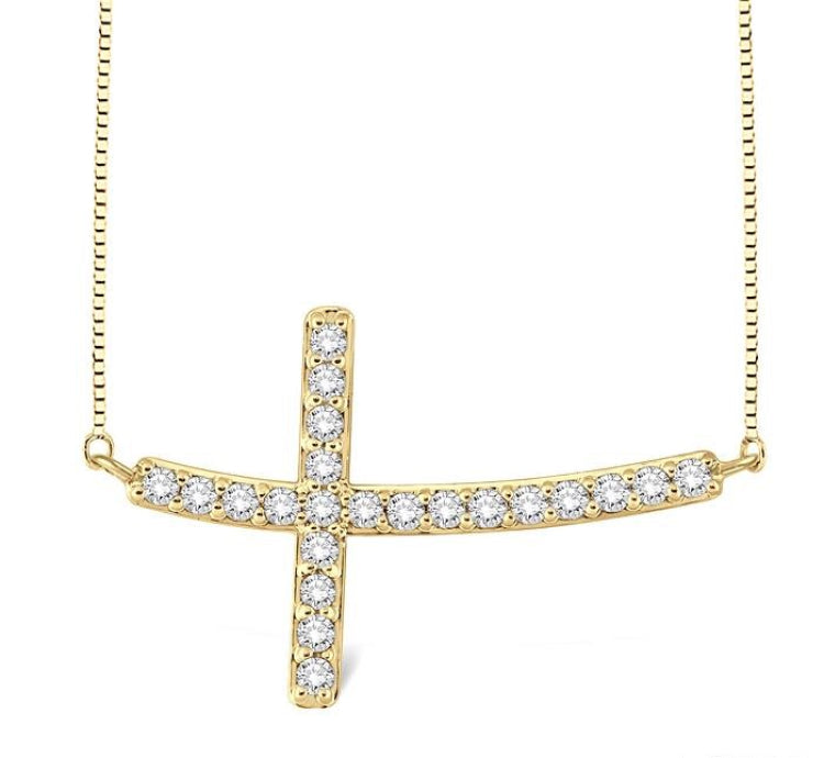 1/2 Ctw Round Cut Sideway Cross Pendant in 14K Yellow Gold with Chain