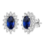 Load image into Gallery viewer, 5x3 MM Oval Cut Center Sapphire and 1/5 Ctw Round Cut Diamond Sunflower Precious Earrings in 10K White Gold