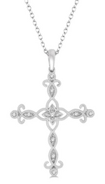 Load image into Gallery viewer, 1/10 Ctw Marquise &amp; Floral Lattice Cross Round Cut Diamond Pendant With Link Chain in 10K White Gold