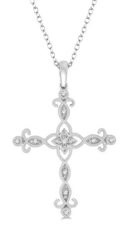 1/10 Ctw Marquise & Floral Lattice Cross Round Cut Diamond Pendant With Link Chain in 10K White Gold
