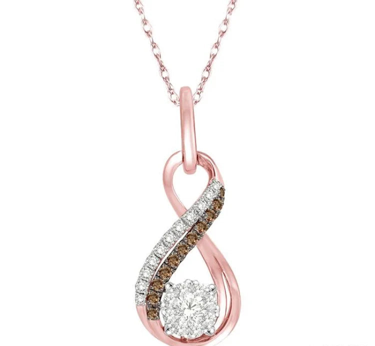 1/5 Ctw Winding Brown & White Round Cut Diamond Lovebright Pendant With Link Chain in 14K Rose Gold