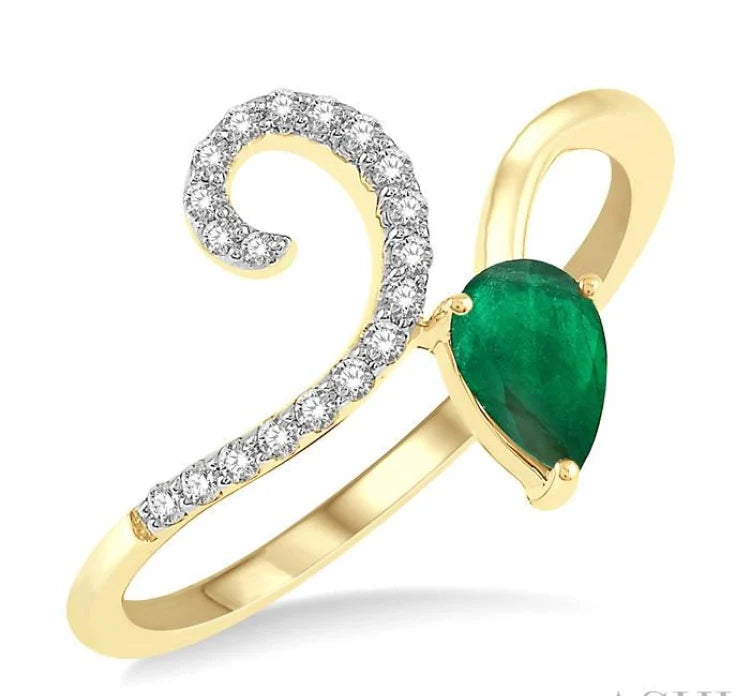 6x4 MM Pear Shape Emerald and 1/10 Ctw Round Cut Diamond Precious Ring in 10K Yellow Gold