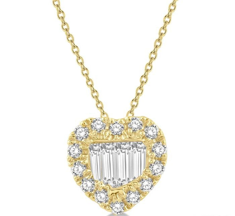 1/5 Ctw Heart Shape Baguette Center & Round Cut Diamond Pendant With Chain in 14K Yellow Gold
