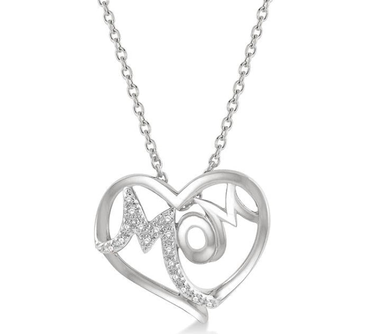 1/20 Ctw MOM Round Cut Diamond Heart Pendant With Chain in 10K White Gold