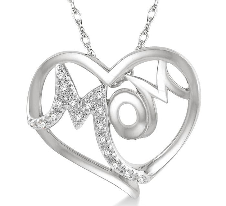 1/20 Ctw MOM Round Cut Diamond Heart Pendant With Chain in 10K White Gold
