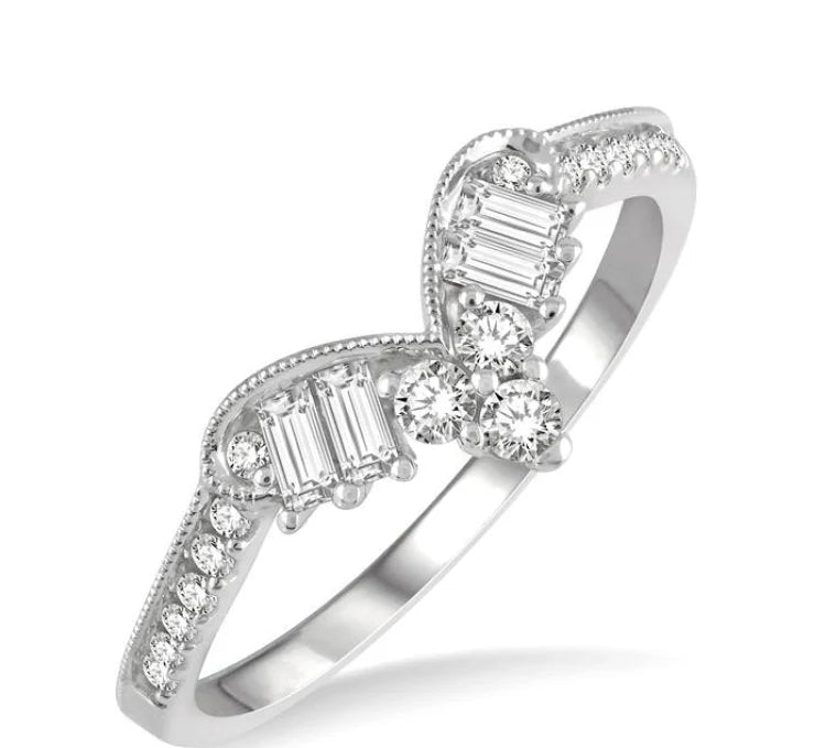 3/8 Ctw Chevron Center Baguette and Round Cut Diamond Wedding Band in 14K White Gold
