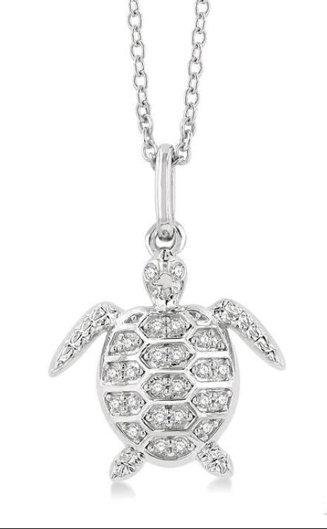 1/10 Ctw Petite Sea Life Turtle Round Cut Diamond Fashion Pendant With Chain in 10K White Gold