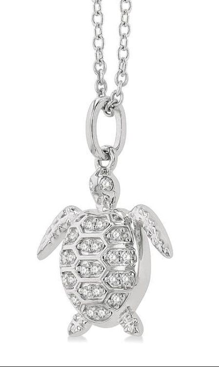 1/10 Ctw Petite Sea Life Turtle Round Cut Diamond Fashion Pendant With Chain in 10K White Gold