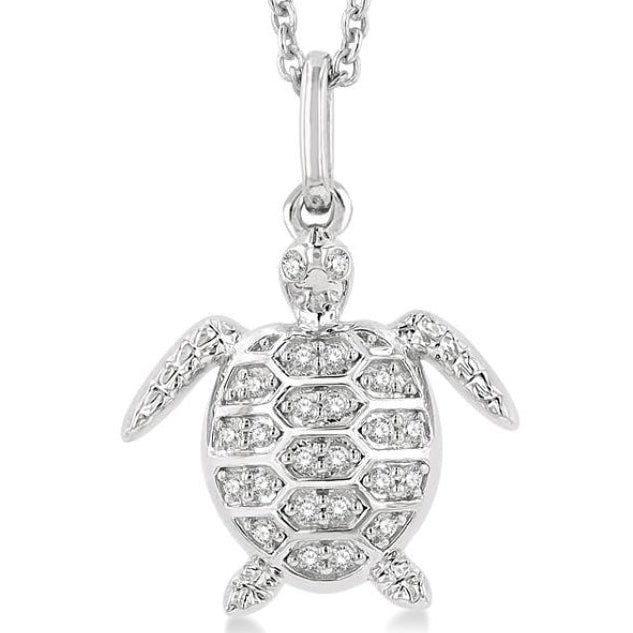 1/10 Ctw Petite Sea Life Turtle Round Cut Diamond Fashion Pendant With Chain in 10K White Gold