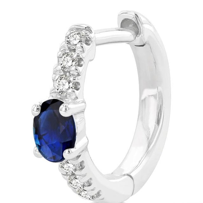 4X3 MM Oval Cut Sapphire and 1/10 Ctw Petite Round Cut Diamond Fashion Huggies in 10K White Gold