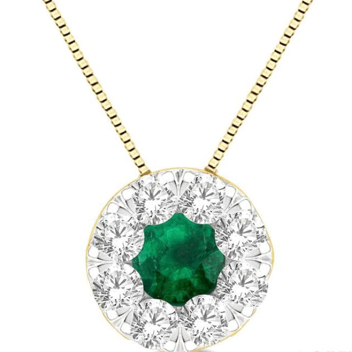3.8 MM Emerald and 1/3 Ctw Round Cut Lovebright Diamond Precious Pendant With Chain in 14K Yellow and White Gold