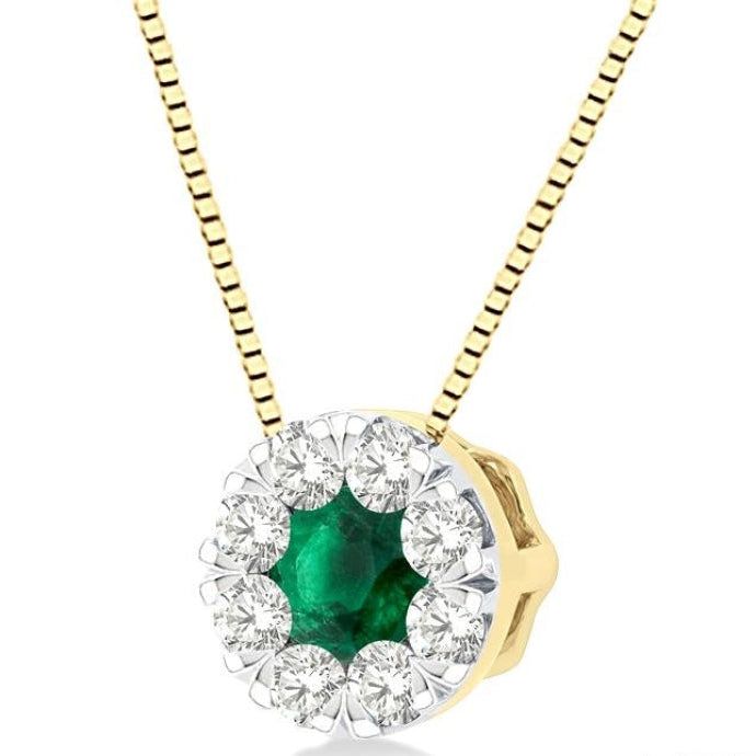 3.8 MM Emerald and 1/3 Ctw Round Cut Lovebright Diamond Precious Pendant With Chain in 14K Yellow and White Gold