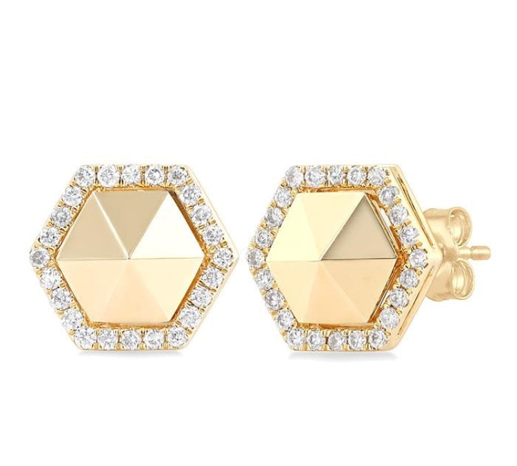 1/4 Ctw Petite Hexagon Round Cut Diamond Halo Fashion Stud Earrings in 14K Yellow Gold