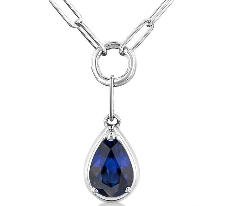 6x4 MM Pear Cut Sapphire Solitaire Precious Paperclip Pendant With Chain in 10K White Gold