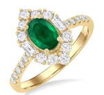 Load image into Gallery viewer, 7x5 MM Oval Cut Emerald &amp; 5/8 Ctw Baguette and Round Cut Diamond Halo Precious Ring in 14K Yellow Gold