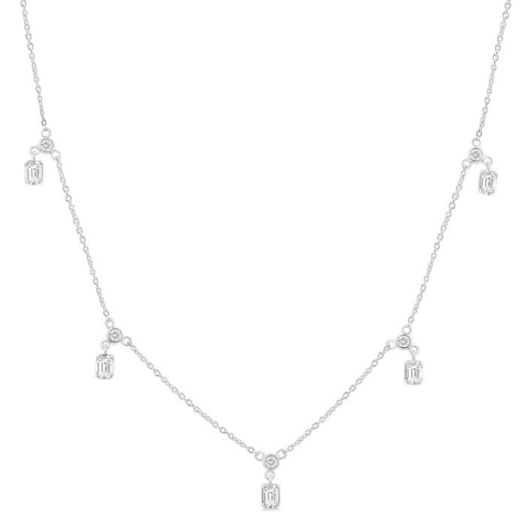 5/8 Ctw Dangle Emerald and Round Cut Diamond Station Necklace in 14K White Gold