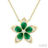 4x3 MM Pear Cut Emerald and 1/20 Ctw Round Cut Diamond Floral Motif Pendant With Chain in 14K Yellow Gold