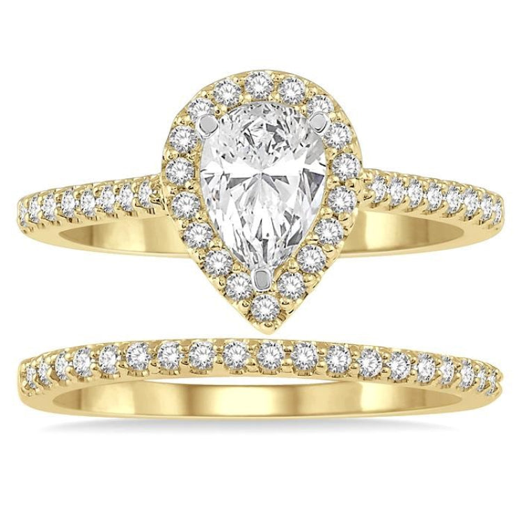 7/8 Ctw Diamond Wedding Set With 3/4 Ctw Pear Cut Engagement Ring and 1/6 Ctw Wedding Band in 14K Yellow and White Gold