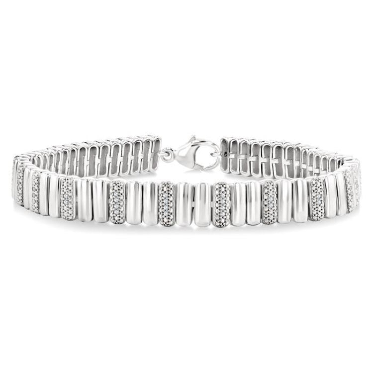 1/6 Ctw Wide Ribbed Plain Polished and Round Cut Diamond Bold Bracelet in Sterling Silver