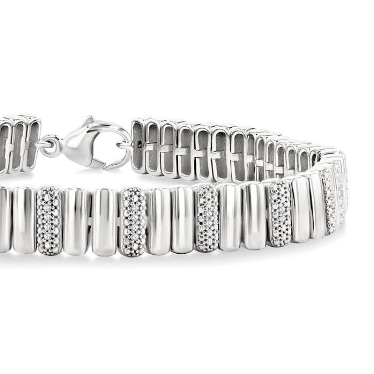 1/6 Ctw Wide Ribbed Plain Polished and Round Cut Diamond Bold Bracelet in Sterling Silver