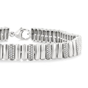 1/6 Ctw Wide Ribbed Plain Polished and Round Cut Diamond Bold Bracelet in Sterling Silver