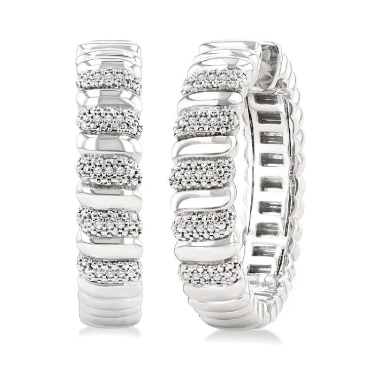 1/10 Ctw Bold Wide Ribbed Round Cut Diamond Fashion Earrings in Sterling Silver