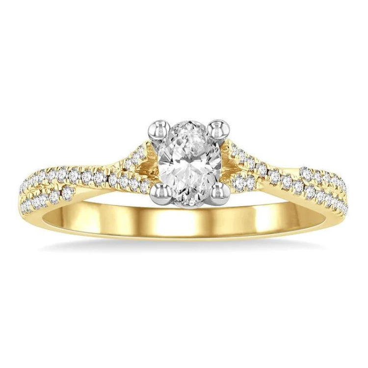 1/2 Ctw Split Criss Cross Round & Oval Cut Diamond Engagement Ring With 1/3 Ctw Oval Cut Center Stone in 14K Yellow and White Gold