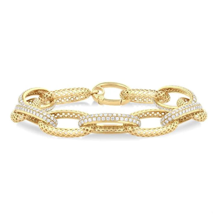 3 Ctw Open Window Oval Link Round Cut Diamond Fashion Bold Bracelet in 14K Yellow Gold
