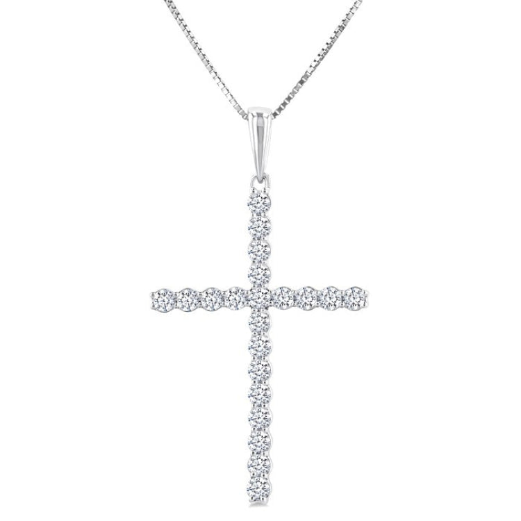 1/2 Ctw Cross Shared Prong Set Round Cut Diamond Pendant With Chain in 14K White Gold