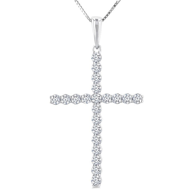 1/2 Ctw Cross Shared Prong Set Round Cut Diamond Pendant With Chain in 14K White Gold