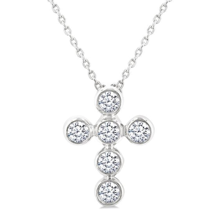 1/4 Ctw Round Cut Diamond 6-Stone Bezel Set Cross Pendant With Chain in 14K White Gold