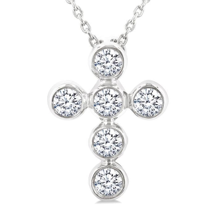 1/4 Ctw Round Cut Diamond 6-Stone Bezel Set Cross Pendant With Chain in 14K White Gold