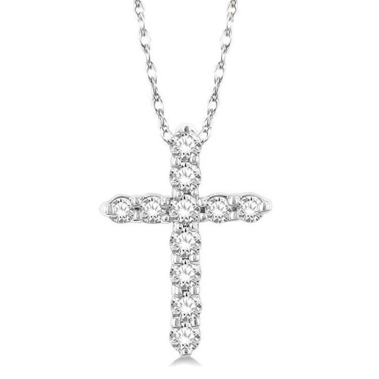 1/10 Ctw Round Cut Diamond Cross Pendant in 10K White Gold with Chain