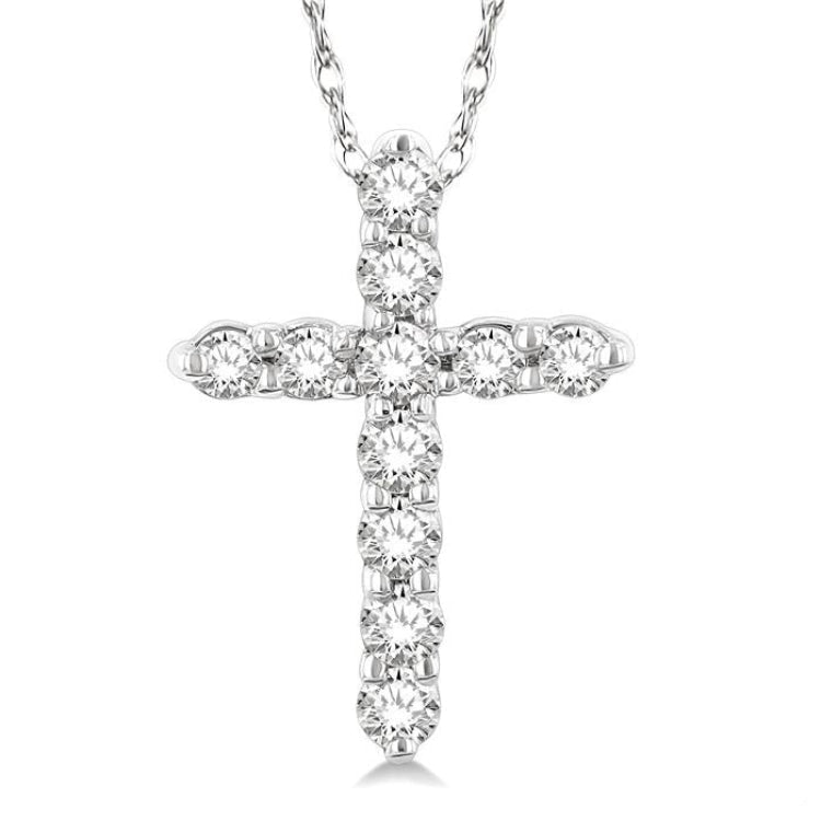 1/10 Ctw Round Cut Diamond Cross Pendant in 10K White Gold with Chain