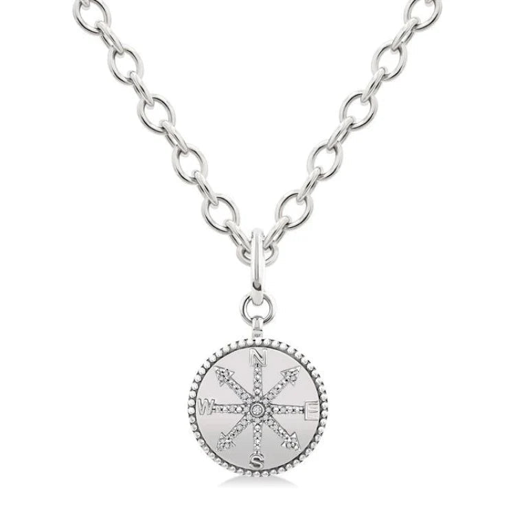 1/10 Ctw Compass medallion Round Cut Diamond Pendant With Chain in Sterling Silver
