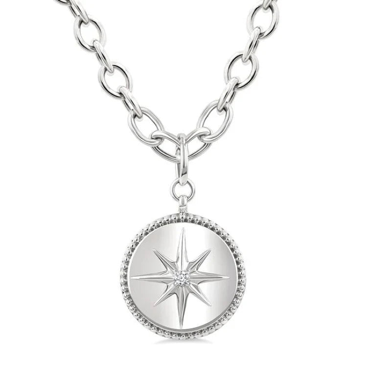 1/20 Ctw Compass medallion Round Cut Diamond Pendant With Chain in Sterling Silver